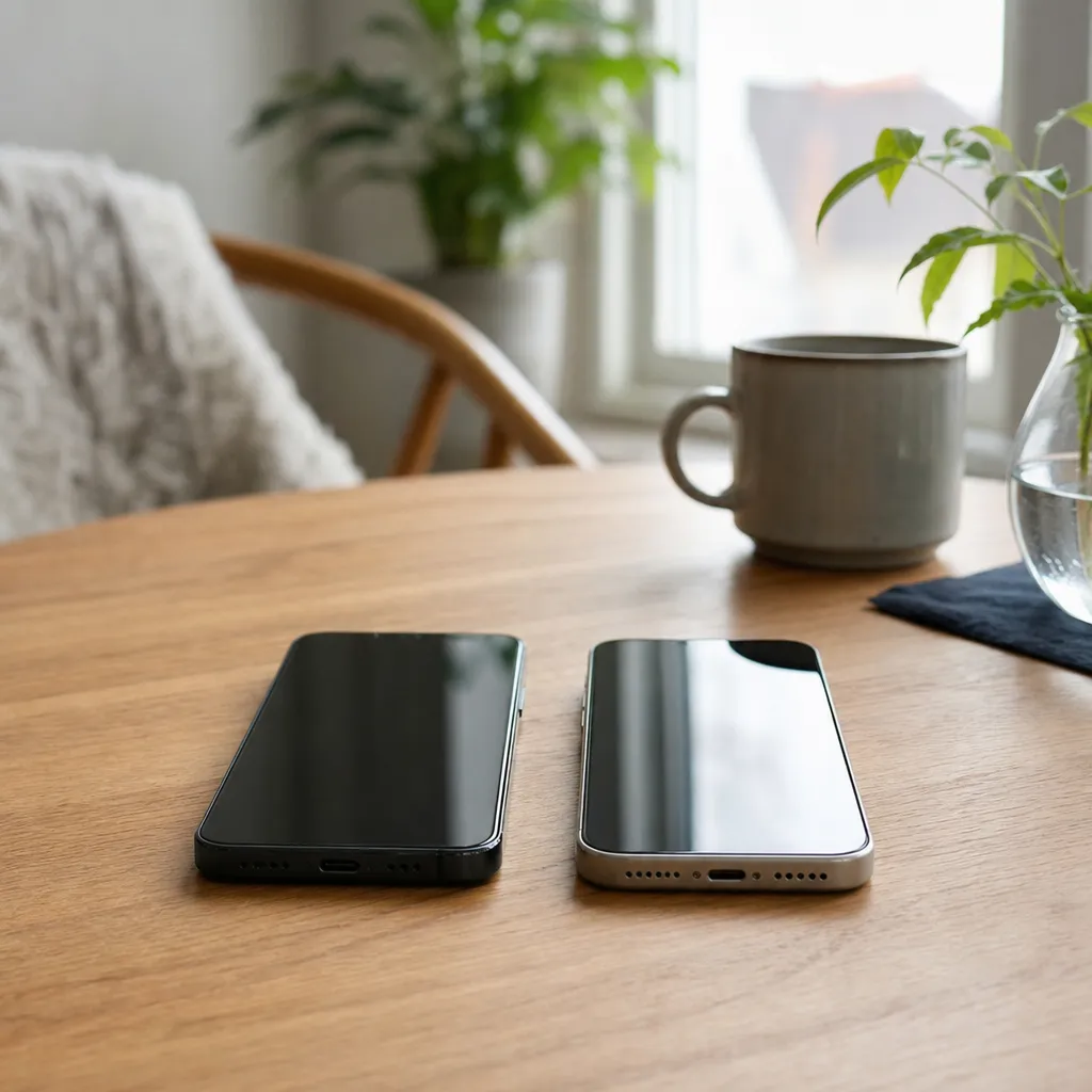Android-mobil och iPhone jämförs sida vid sida på ett bord