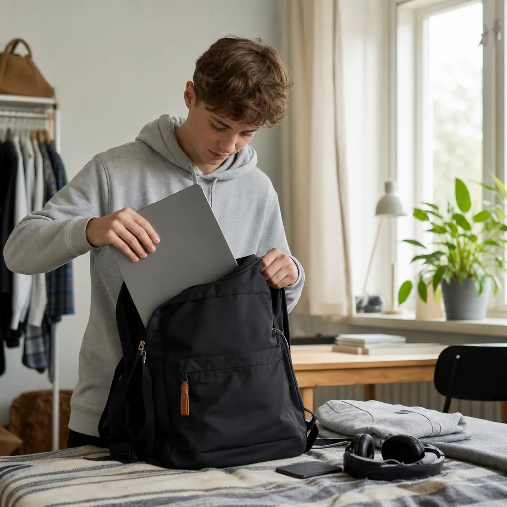 Ung person packar skolväska med mobiltelefon och laptop inför terminsstart