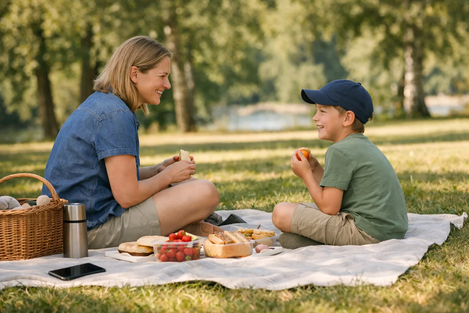 Förälder och barn som picknickar glatt på en filt i parken