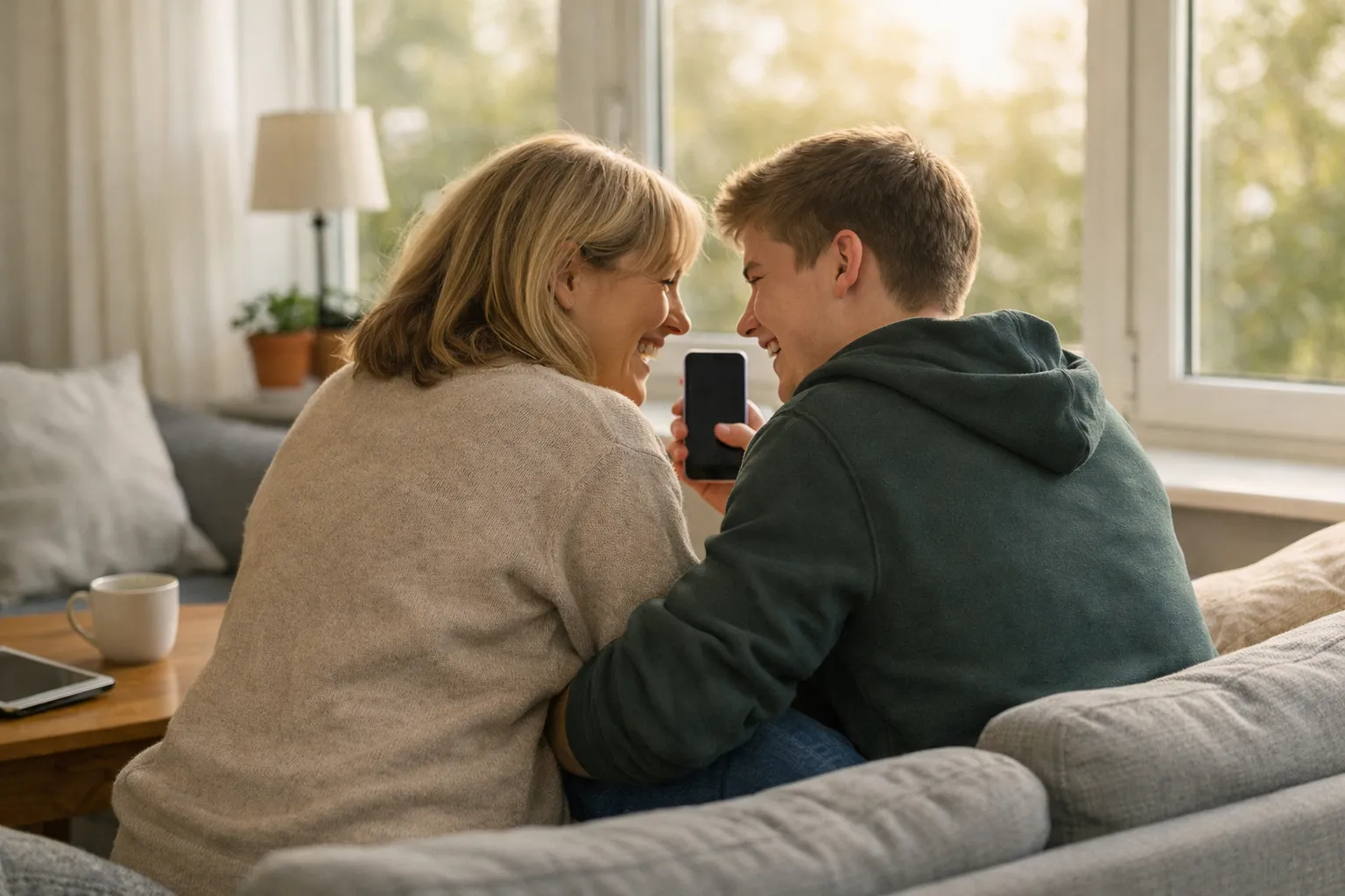 Förälder och tonåring skrattar tillsammans i soffan med en mobil
