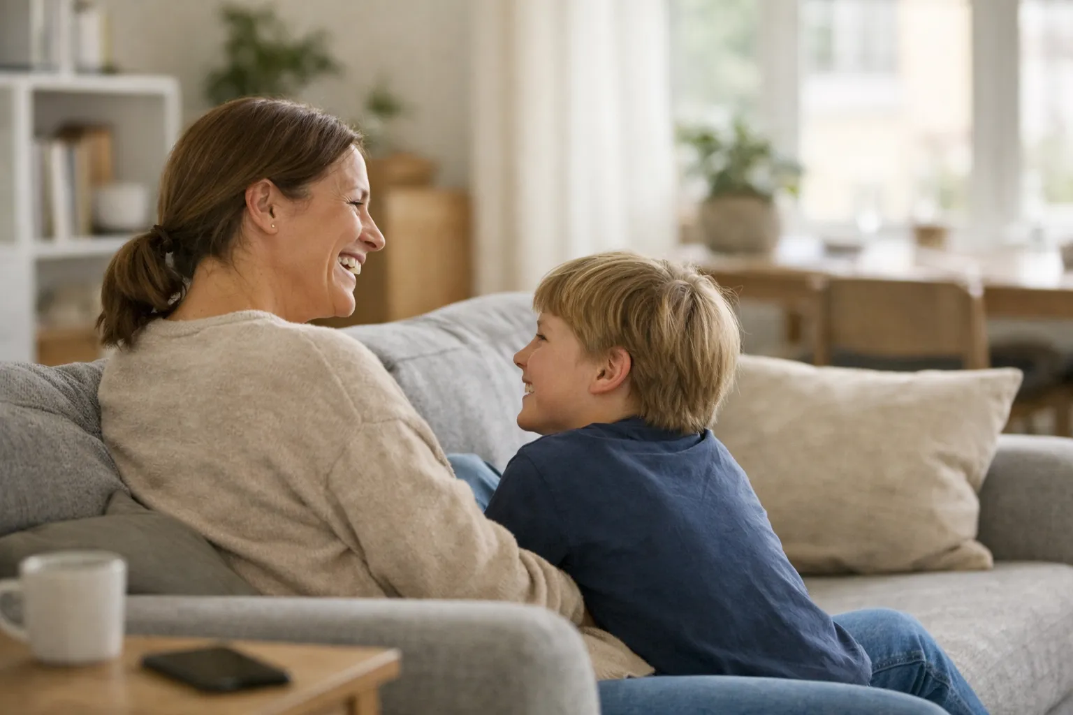 Leende förälder och barn sitter nära varandra i soffan hemma