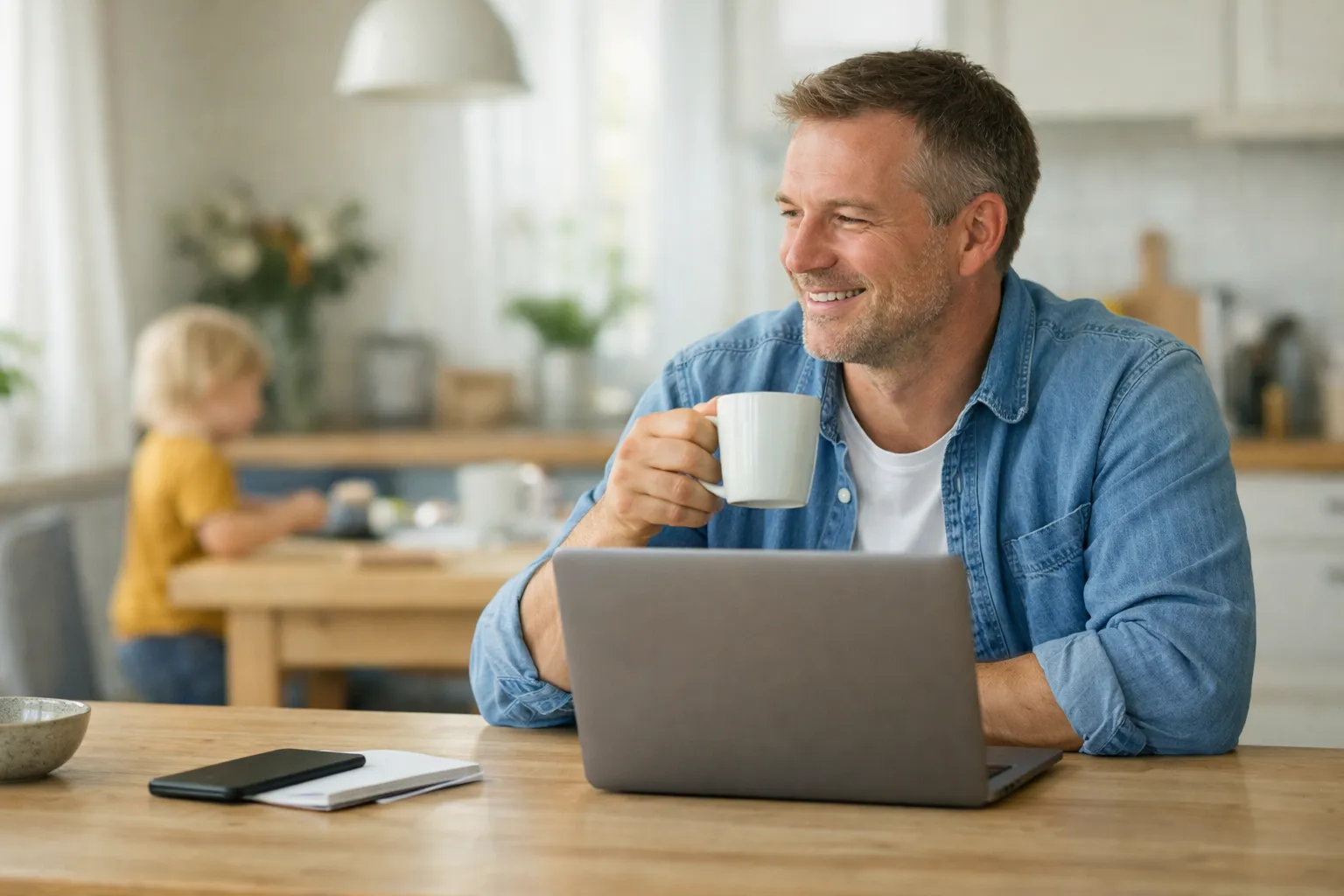Glad förälder vid köksbordet med laptop och kaffe medan barnet leker i bakgrunden