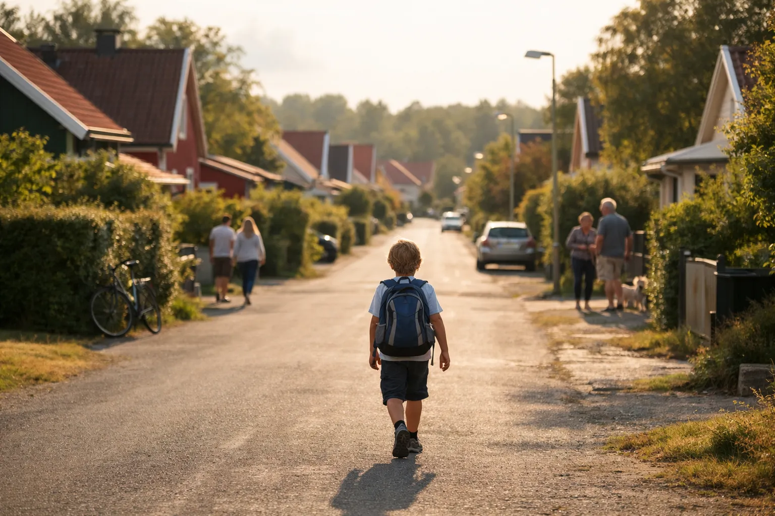 Barn med ryggsäck på väg hem från skolan längs en solig villagata