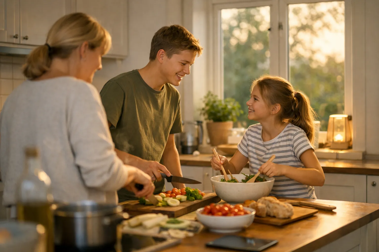 Glad familj som lagar mat tillsammans i ett ljust kök