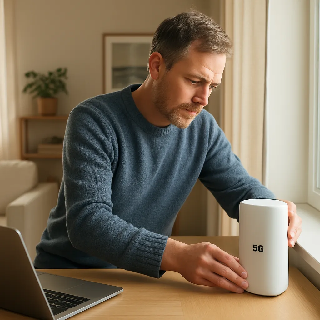 5G-router för mobilt bredband placerad nära ett fönster i ett ljust svenskt vardagsrum