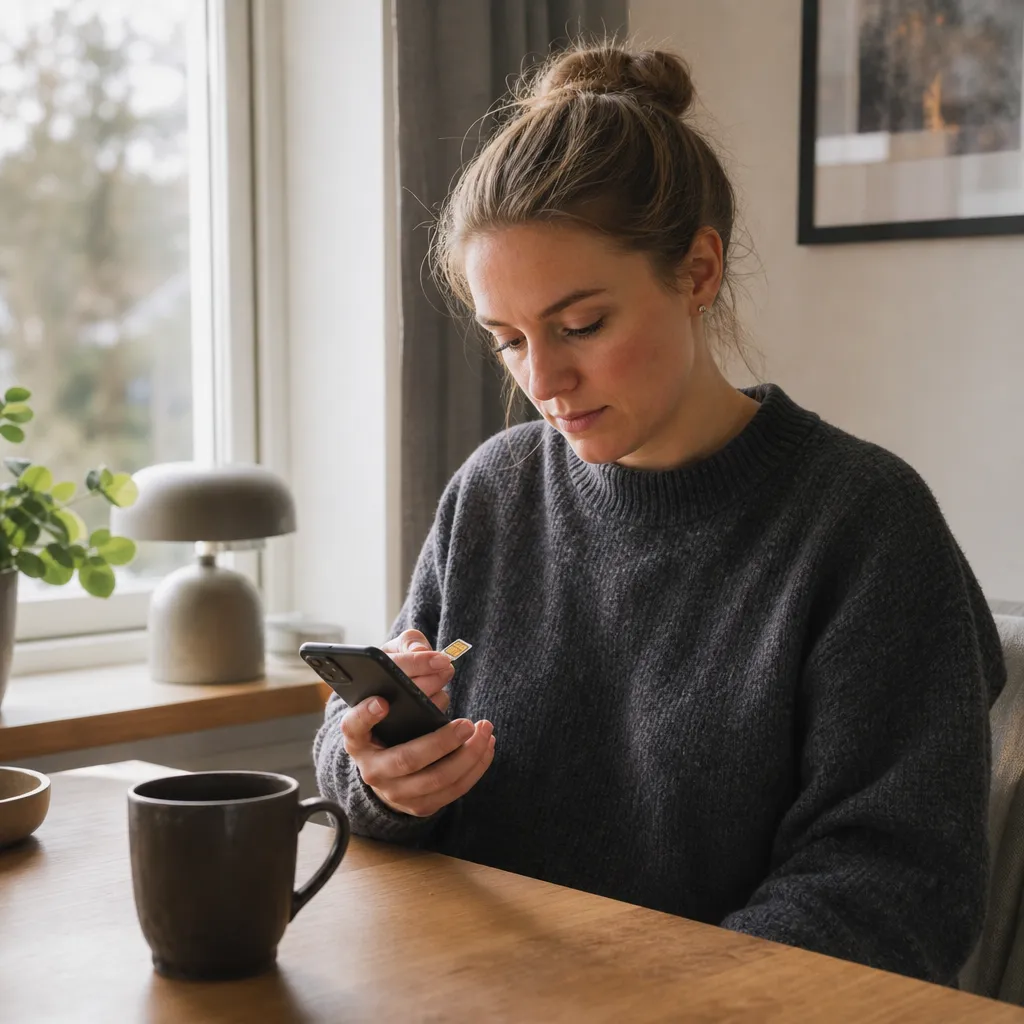 Person aktiverar nytt simkort i mobilen efter att ha bytt mobiloperatör