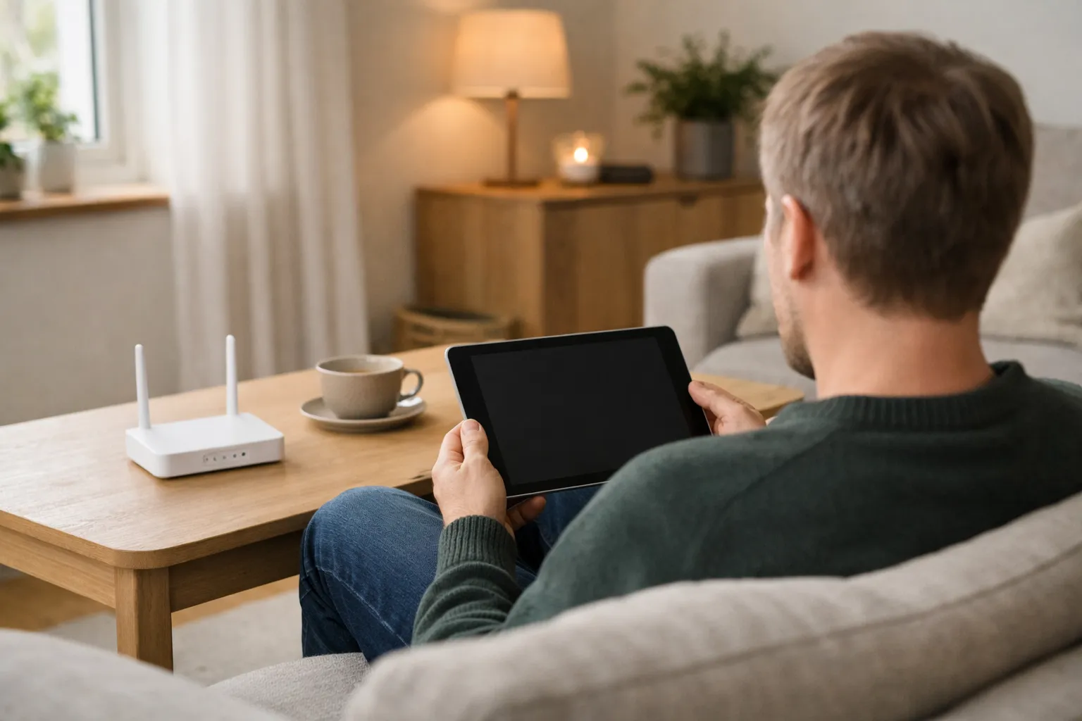 Person i en soffa med en surfplatta och en router på bordet