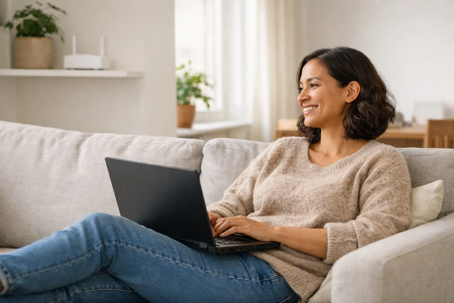 A 5G router on a shelf in a bright living room