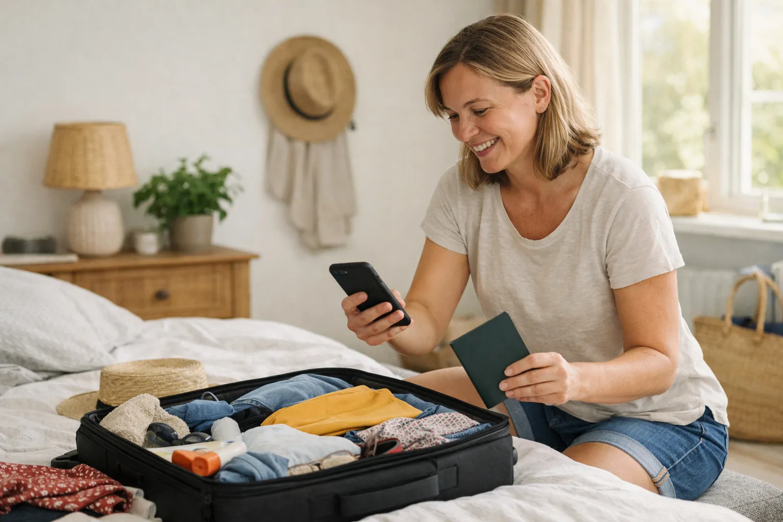 Glad person packar resväskan inför en resa med mobilen i handen
