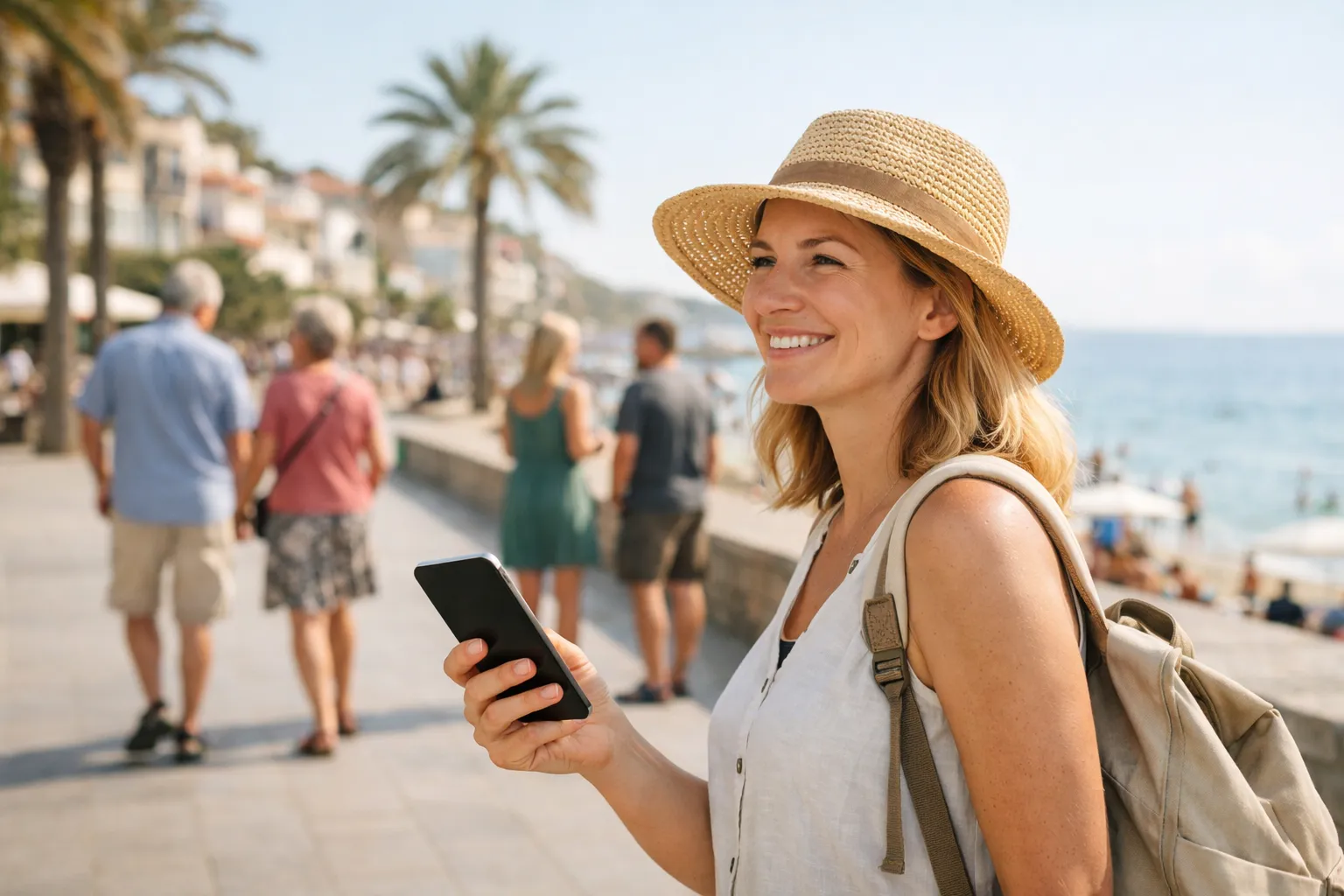 Nöjd resenär med solhatt och mobil på en solig strandpromenad
