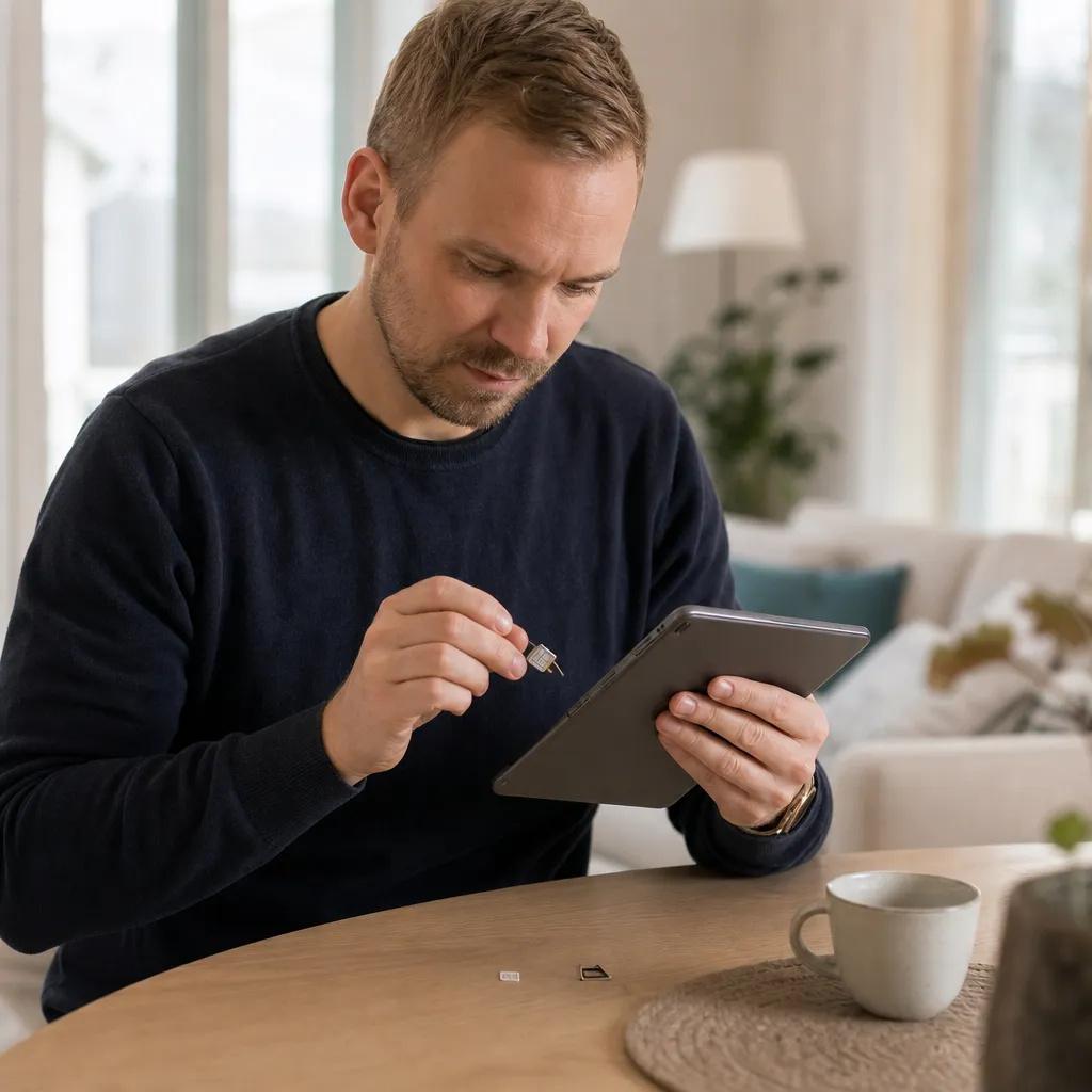 Person sätter i ett extra SIM-kort i en surfplatta hemma i vardagsrummet