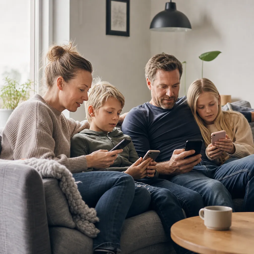 Familj som delar mobilabonnemang hemma i vardagsrummet med varsin mobil