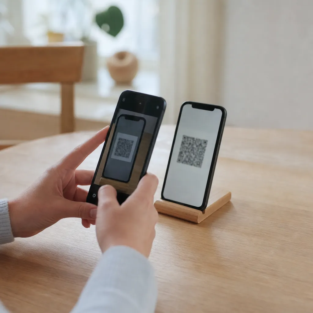 Två mobiltelefoner där den ena visar en QR-kod och den andra skannar den för att aktivera eSIM hos Comviq