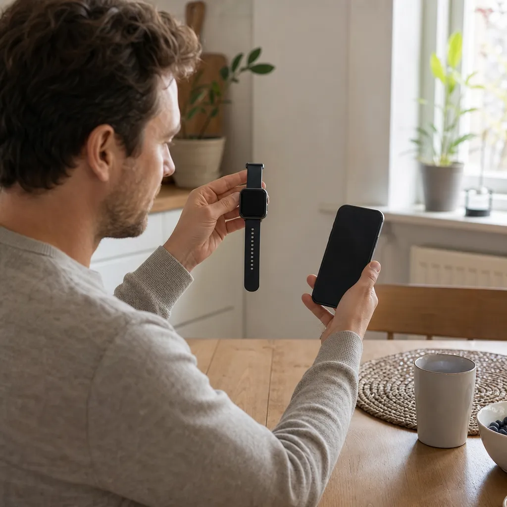 Person håller upp en smartklocka bredvid mobilen som visar en QR-kod för att koppla klockans eSIM