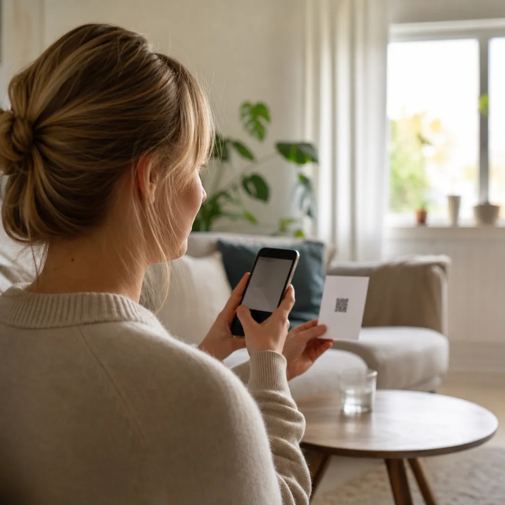Person skannar en QR-kod med mobilkameran för att installera eSIM hemma i vardagsrummet