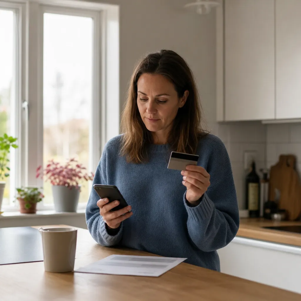 Person håller upp ett bankkort bredvid mobilen som visar en fakturaöversikt vid köksbänken