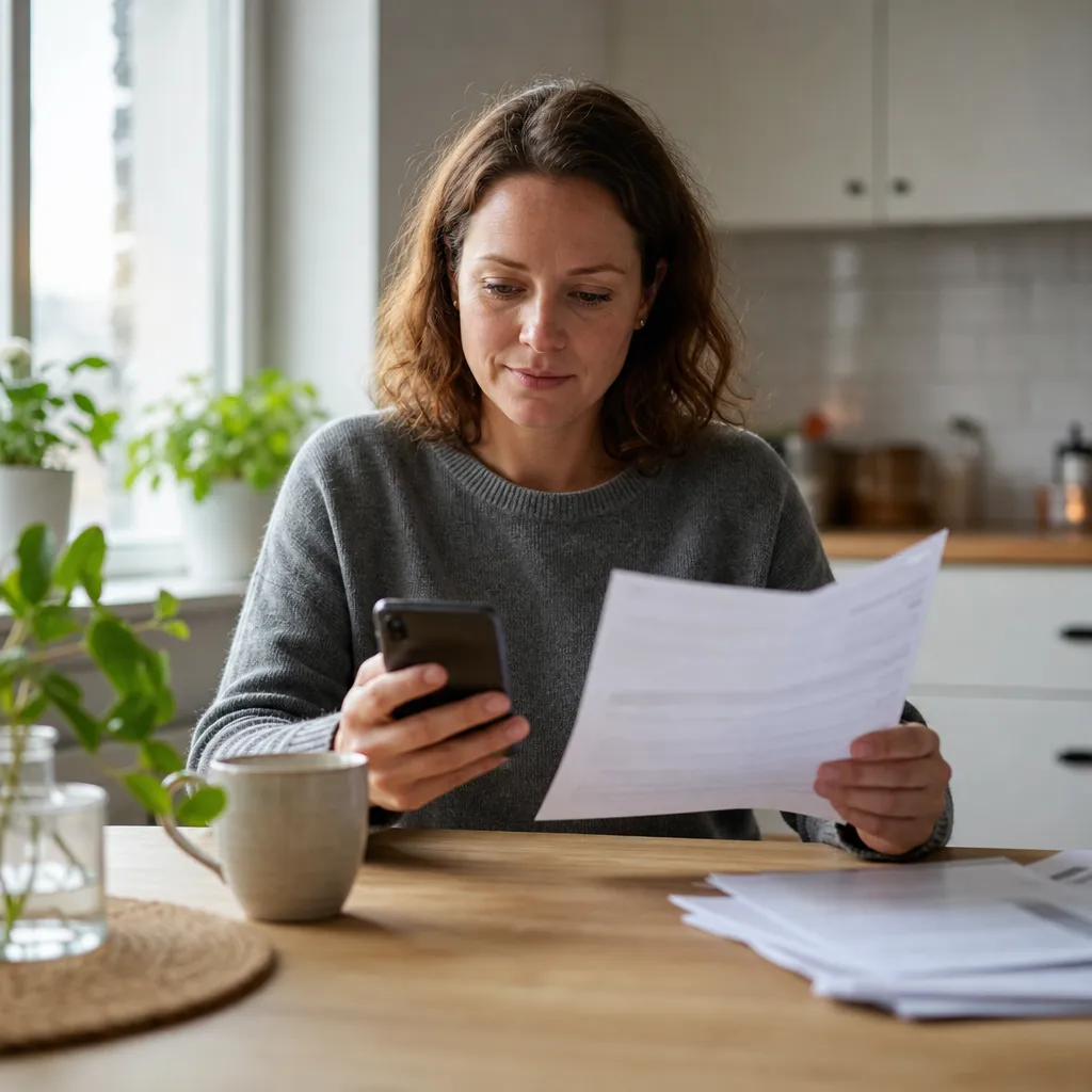 Person kollar sin Comviq-faktura och betalsätt i mobilen hemma
