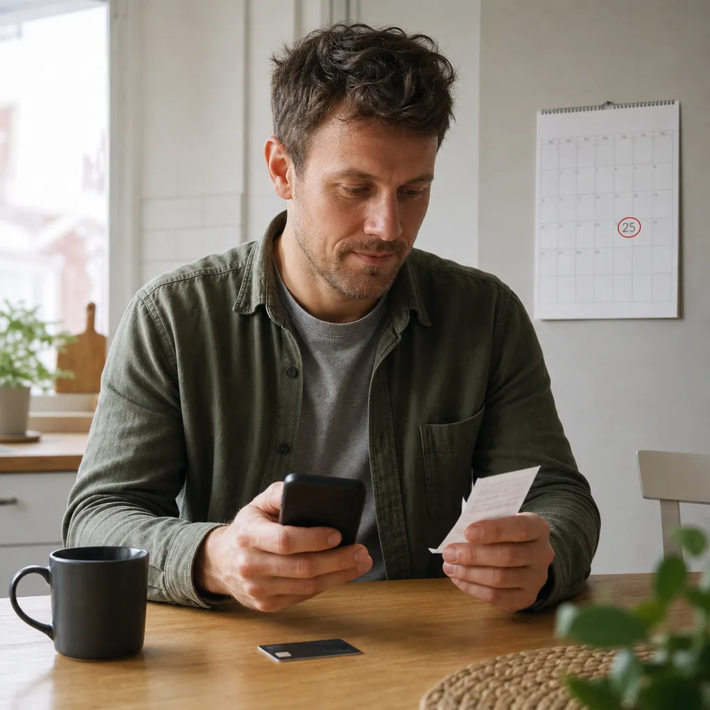 Person kollar sin Fello-faktura och kortdragning i mobilen vid köksbordet