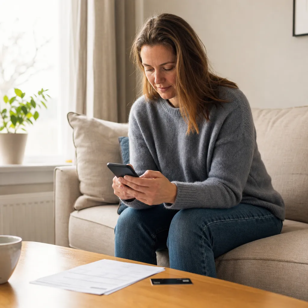 Person tittar på sin fakturaöversikt i mobilen vid köksbordet