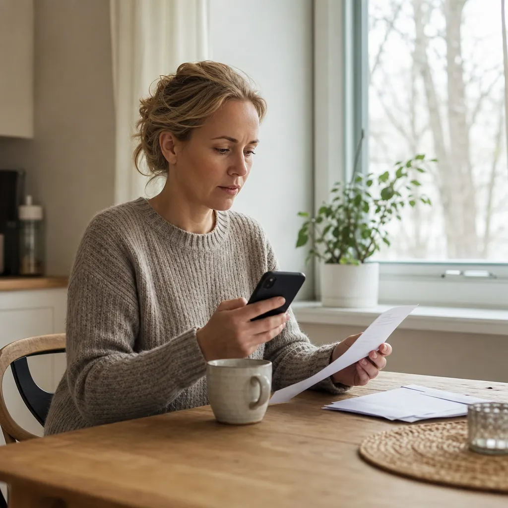 Person swishar sin Telenor-faktura i mobilen hemma vid köksbordet