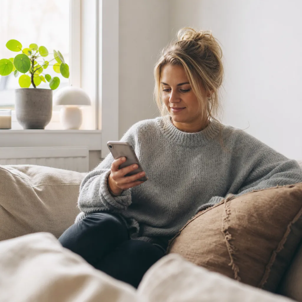 Person kontaktar Fellos kundtjänst via chatt i mobilen
