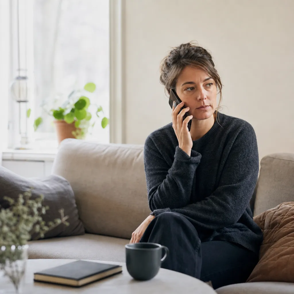 Kund ringer Tre kundtjänst från soffan med mobilen i handen