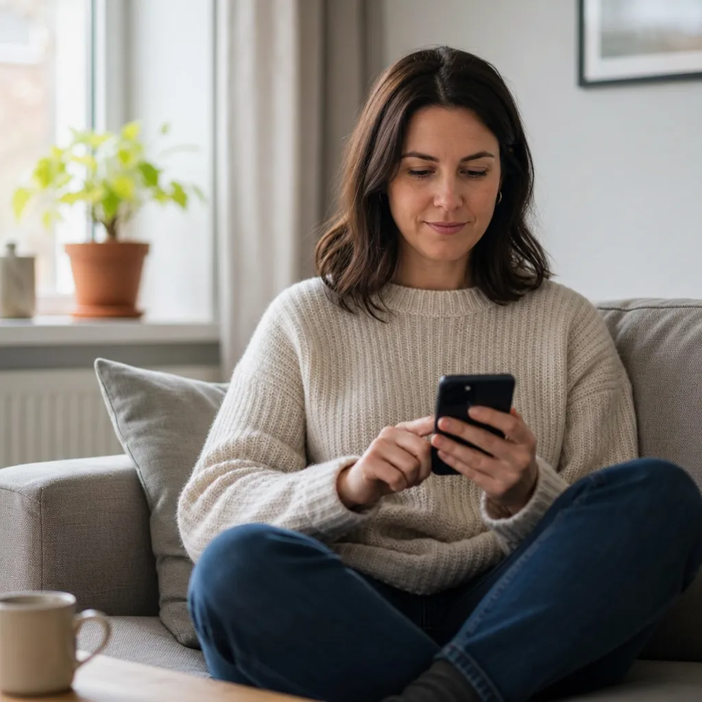 Person chattar med kundtjänst i mobilen i soffan