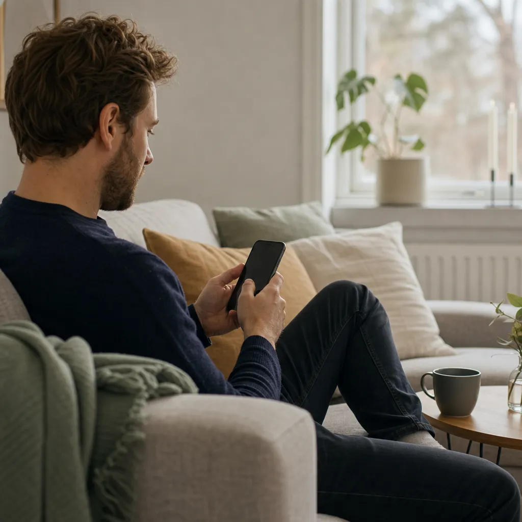Person kollar surfmängd och förbrukning i mobilappen hemma i soffan