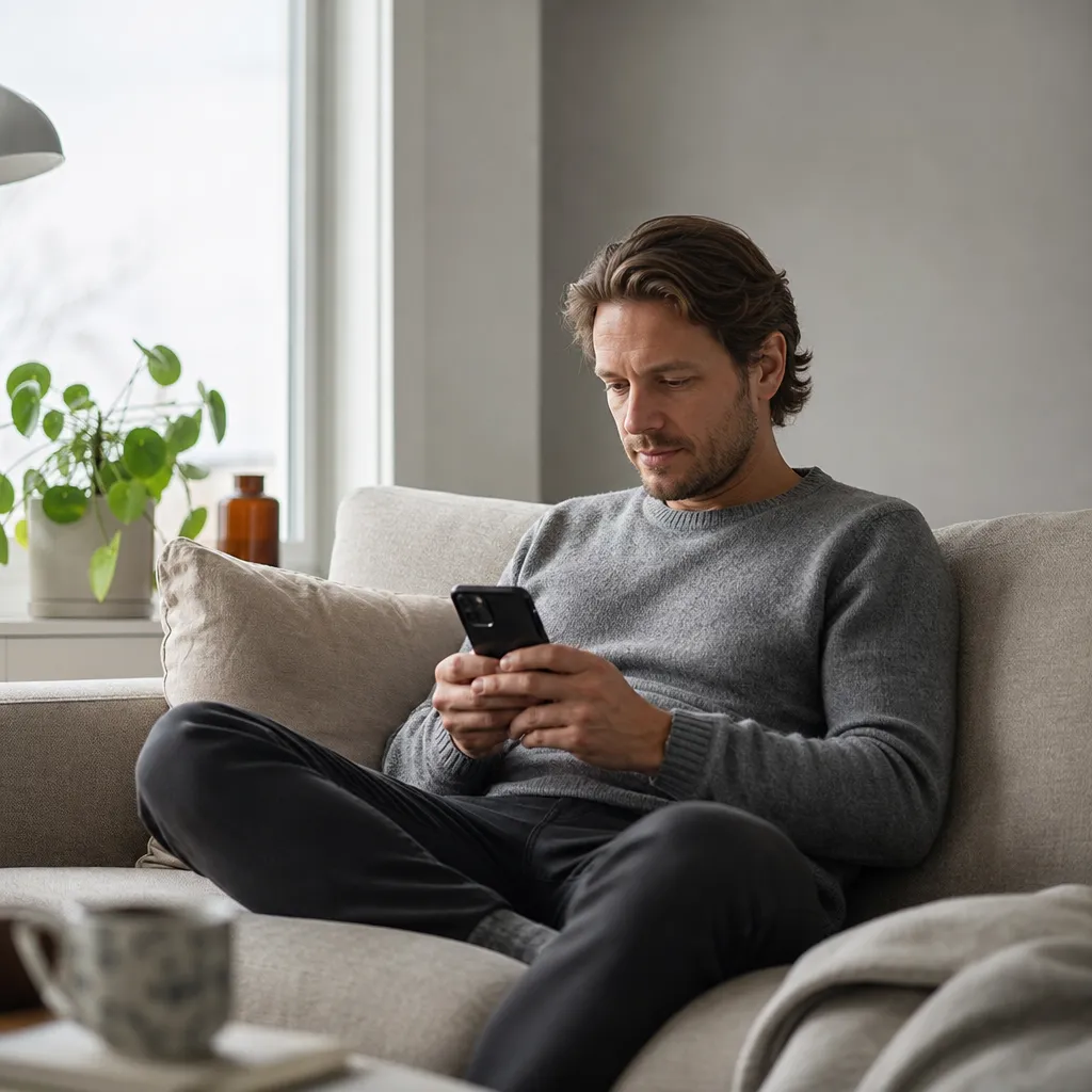 Person kollar surf och saldo i mobilen hemma i soffan