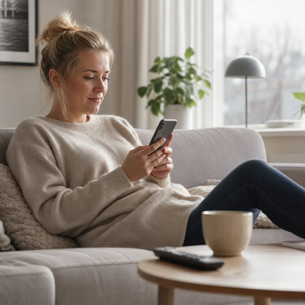 Person i soffan kollar surfförbrukningen i mobilen hemma