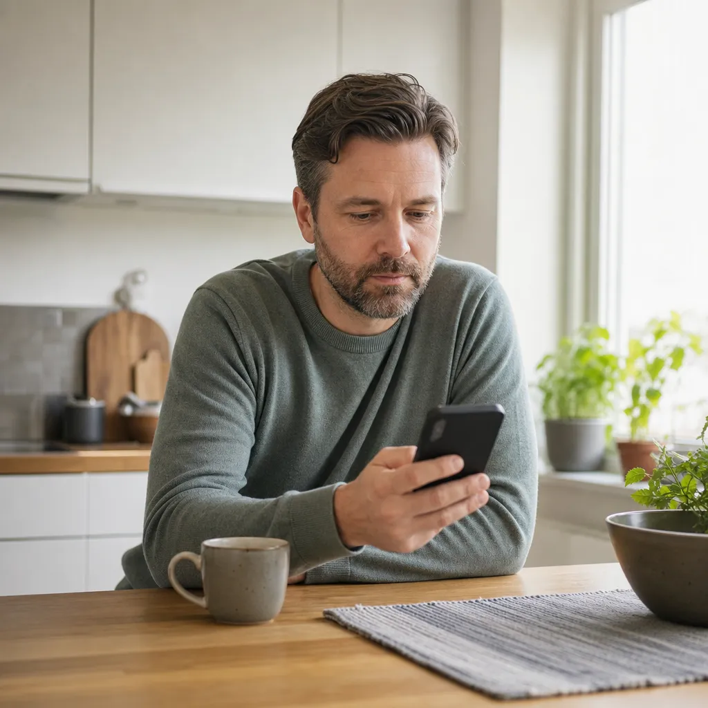Person kollar surf och saldo i mobilappen hemma i köket