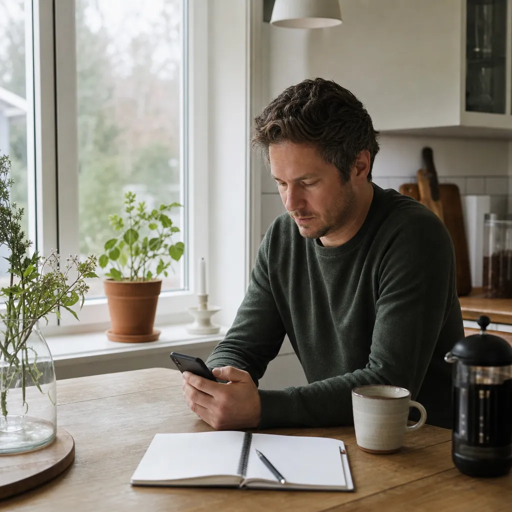 Person sitter vid köksbordet en tidig morgon och kollar surfmängden i Mitt Telia-appen på mobilen, öppet anteckningsblock bredvid, ljus skandinavisk hemmiljö