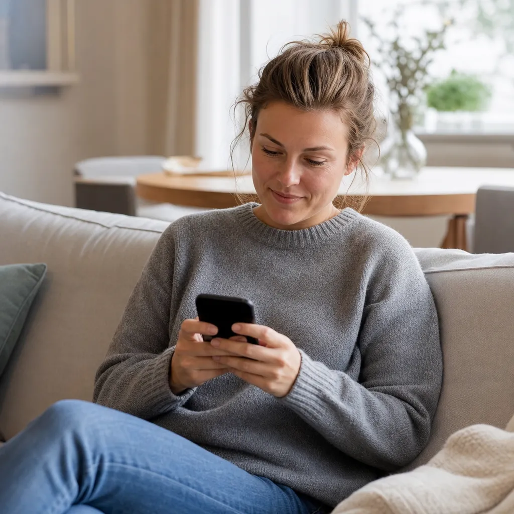 Person loggar in på Chilimobils Mina sidor i mobilen hemma