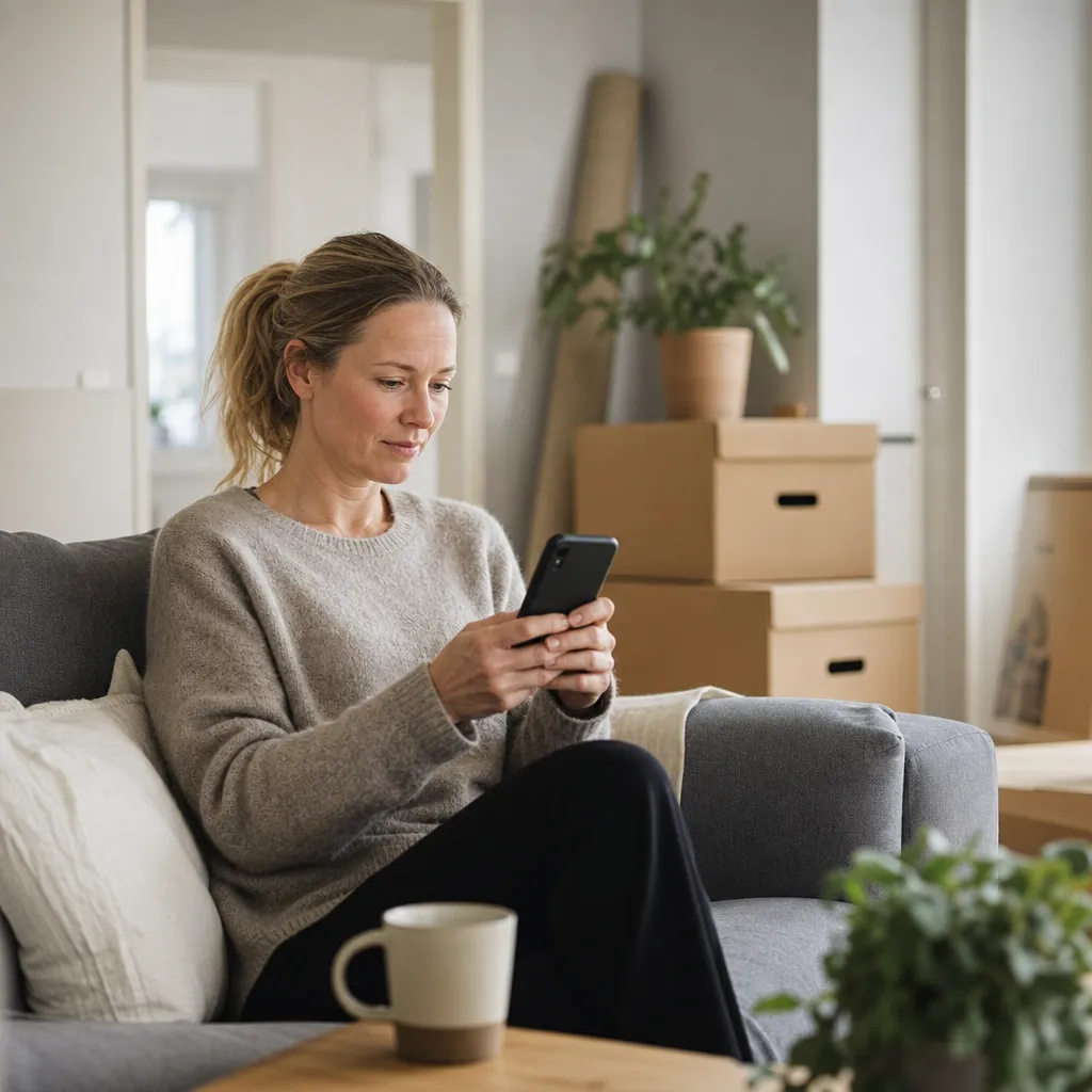 Person loggar in på Mitt Halebop i mobilen hemma i soffan