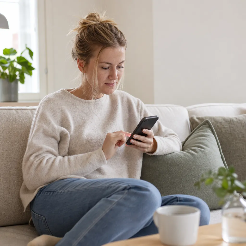 Person loggar in på Mitt Telenor med BankID i mobilen hemma i soffan