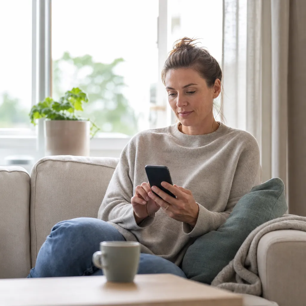 Person loggar in på operatörens Mina sidor-portal i mobilen hemma i soffan