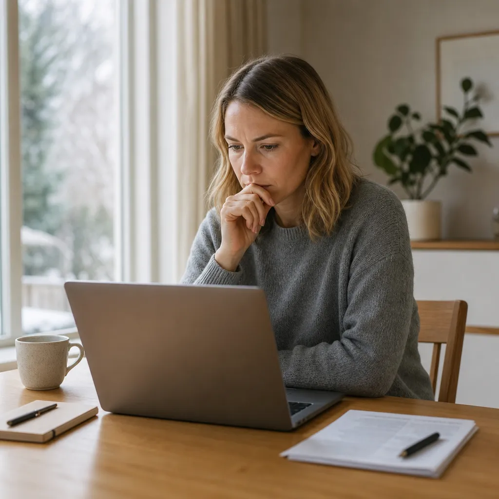 Person läser uppsägningsvillkor för mobilabonnemang på laptop