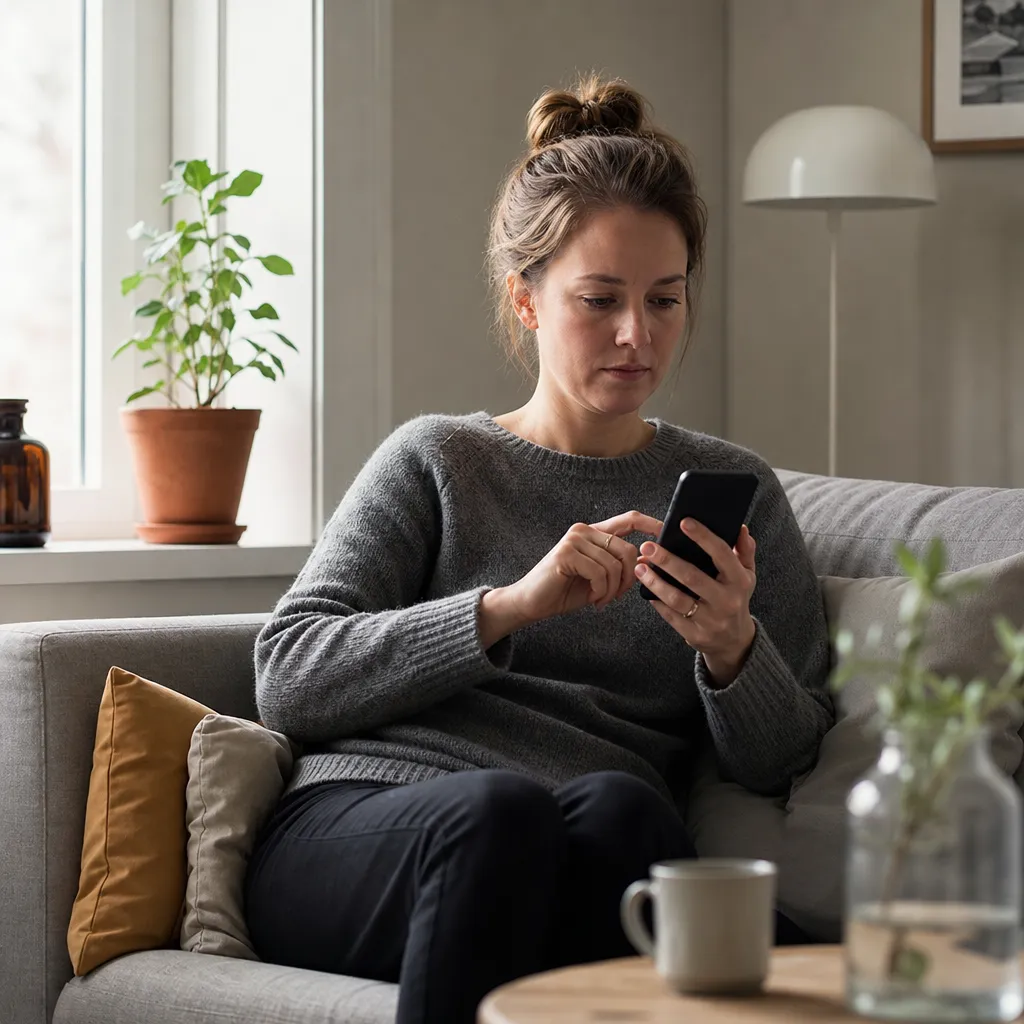 Person loggar in på Mina sidor i mobilen för att säga upp sitt Fello-abonnemang