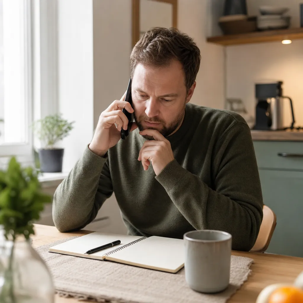 Person säger upp sitt Telenor-abonnemang i telefonen hemma vid köksbordet