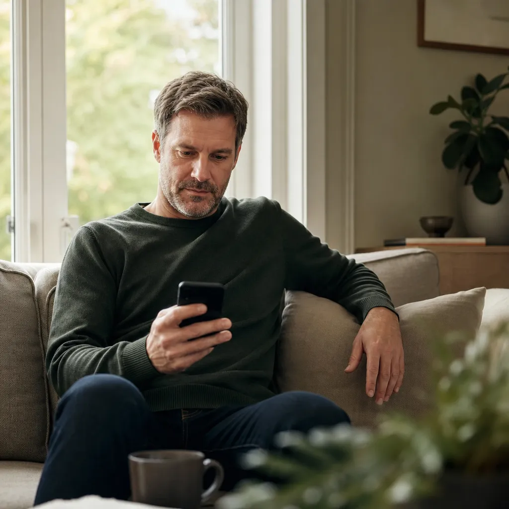 Person loggar in på Mitt Telia i mobilen för att säga upp sitt abonnemang