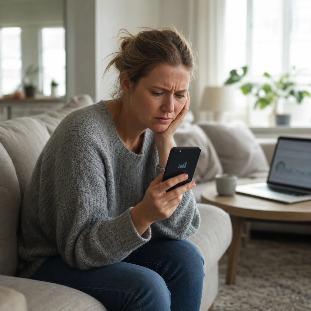 Person kollar Comviqs driftinformation på mobilen när nätet krånglar hemma i vardagsrummet