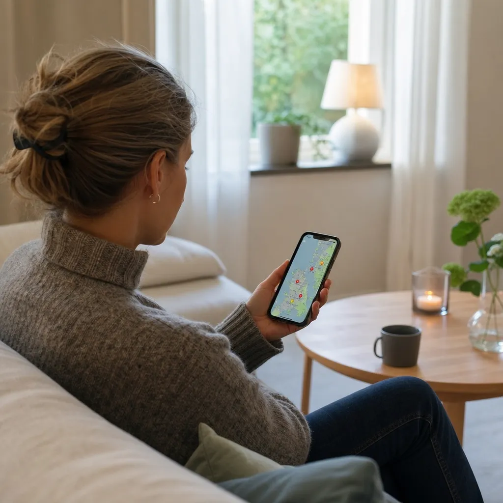 Person kollar Telenors driftstörningskarta i mobilen hemma i vardagsrummet