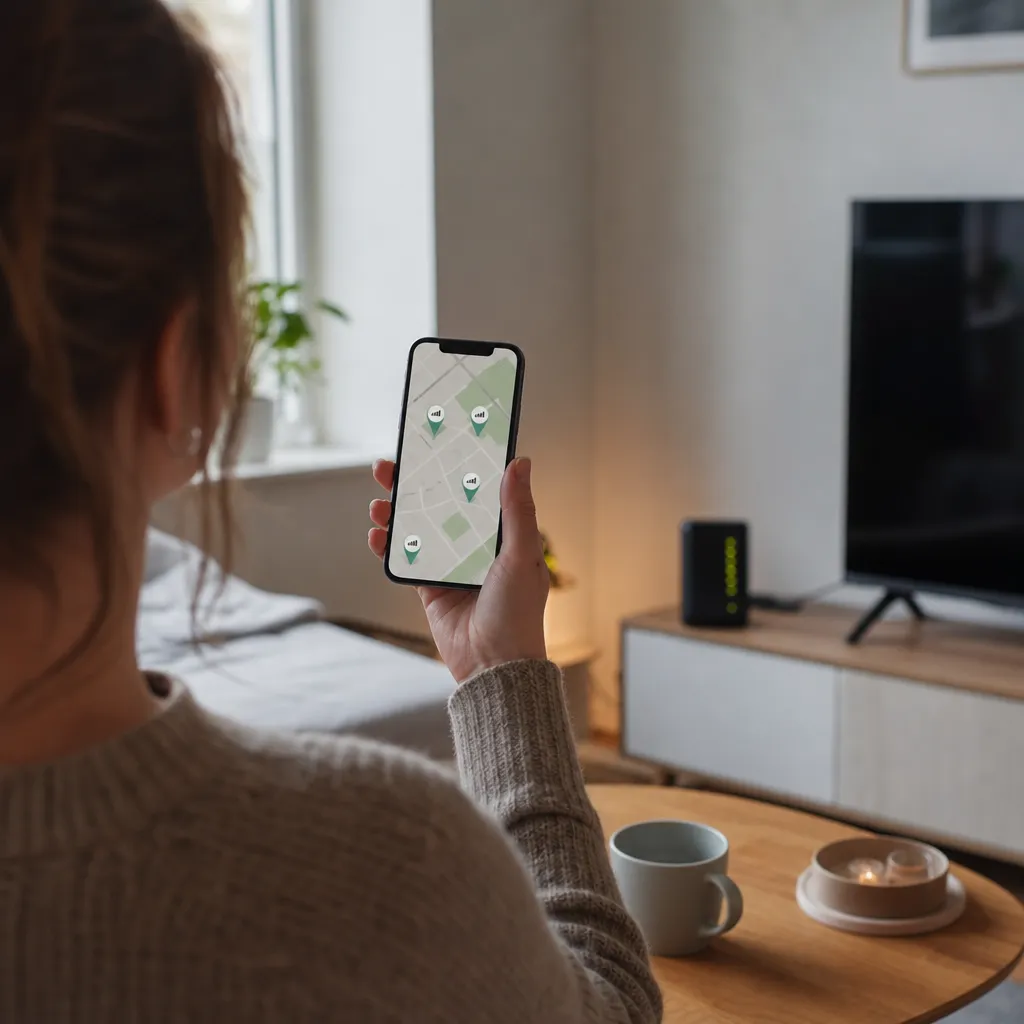 Person kollar Telias driftkarta på mobilen vid avbrott