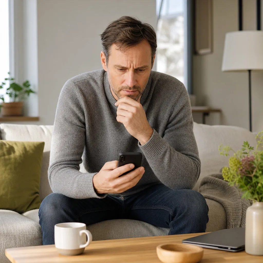 Person kollar Tres driftinformation och täckningskarta på mobilen efter tappad täckning hemma