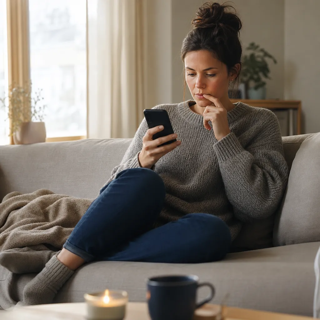 Person jämför fasta månadspriser på mobilabonnemang och bredband i mobilen hemma i soffan