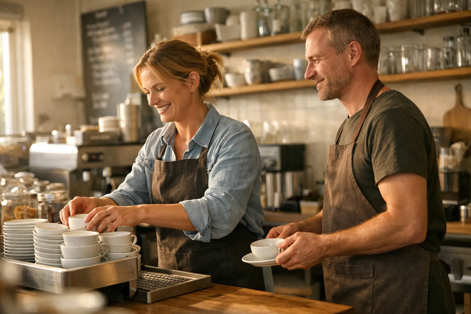 Leende småföretagare ställer upp koppar på disken i ett litet kafé