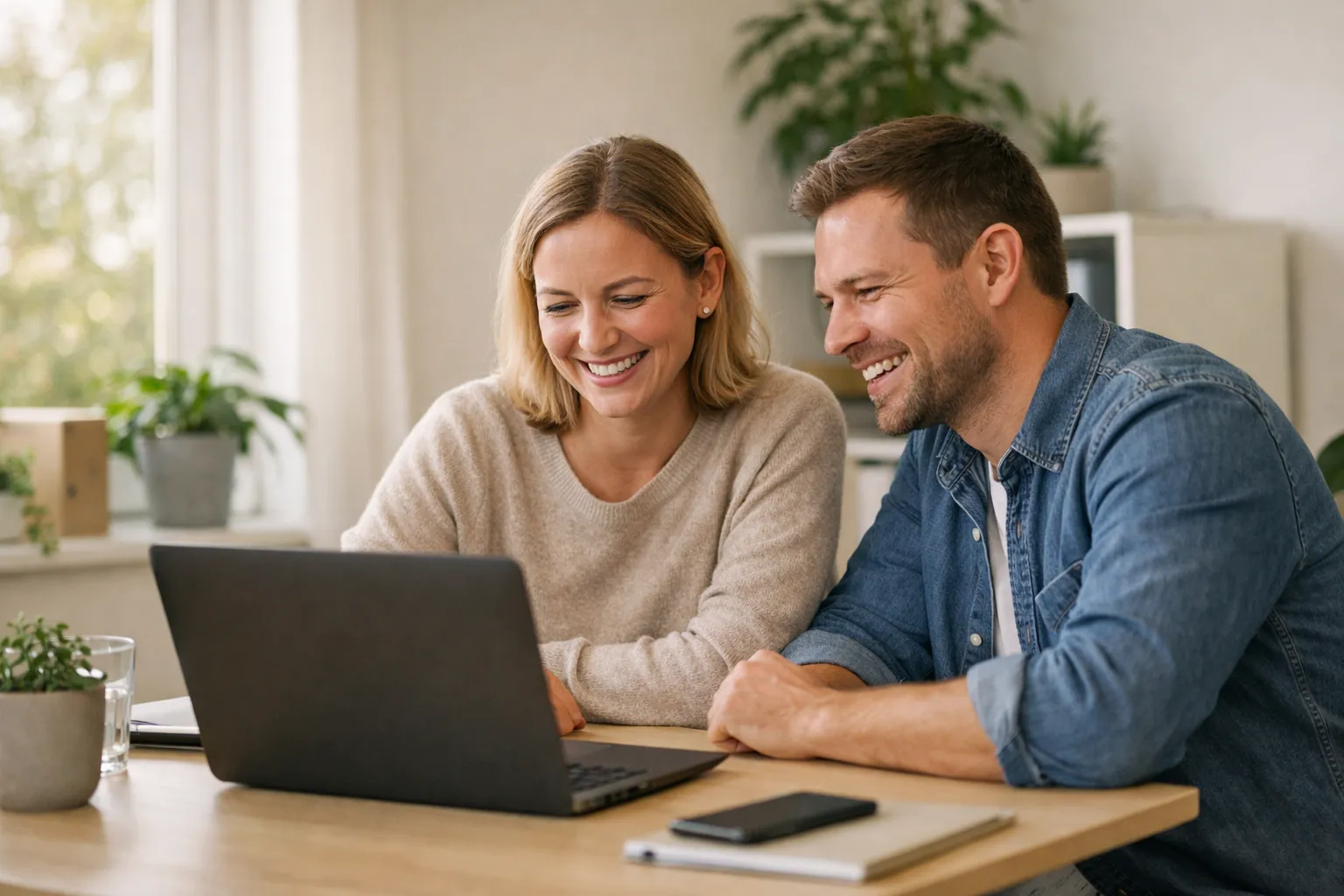 Två leende kollegor tittar tillsammans på en laptop på kontoret