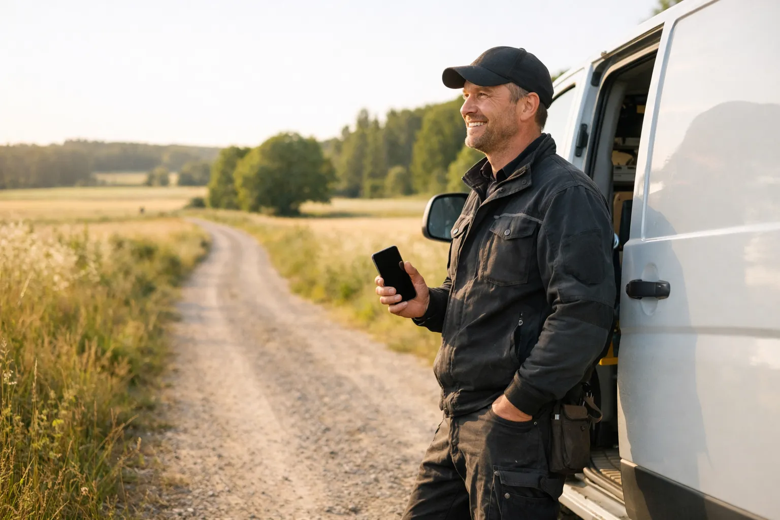 Leende hantverkare med mobilen i handen vid skåpbilen på landsbygden