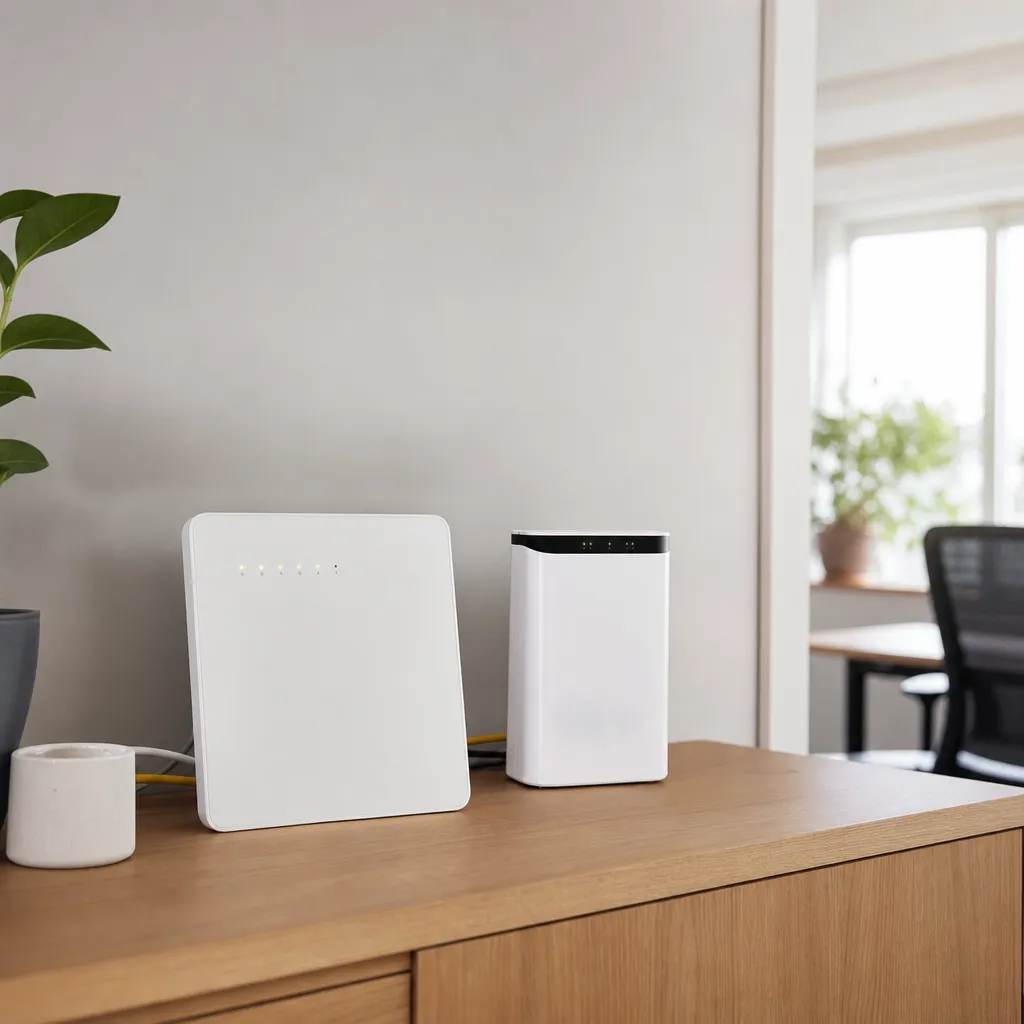 Kontorsmiljö med två routrar sida vid sida, en för fiber och en för mobilt bredband som backup