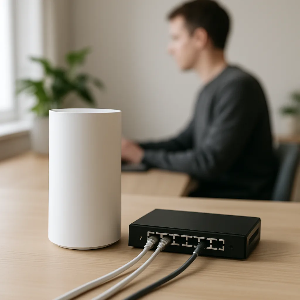 Kontorsmiljö med fiberrouter och nätverksswitch med inkopplade nätverkskablar för företagsbredband